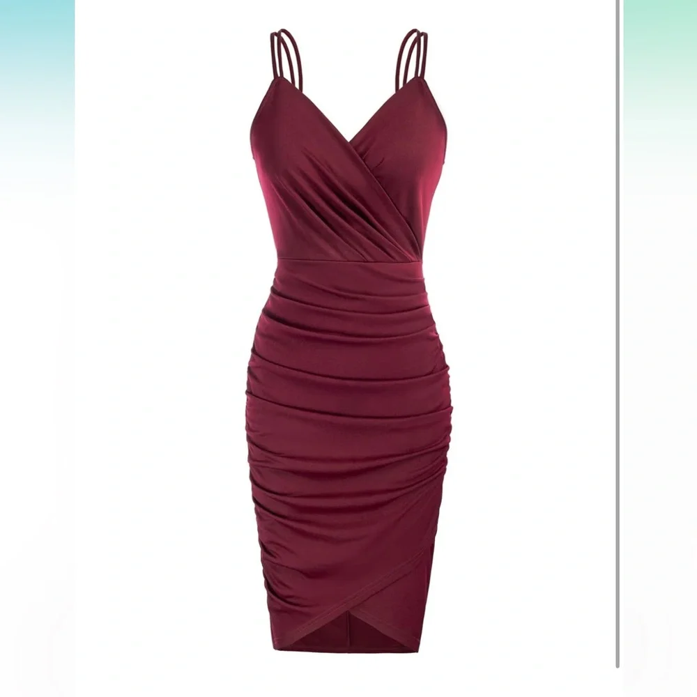 GRACE KARIN Ruched V-Neck Draped Bodycon Double Spaghetti Strap Dress EUC - Picture 3 of 11